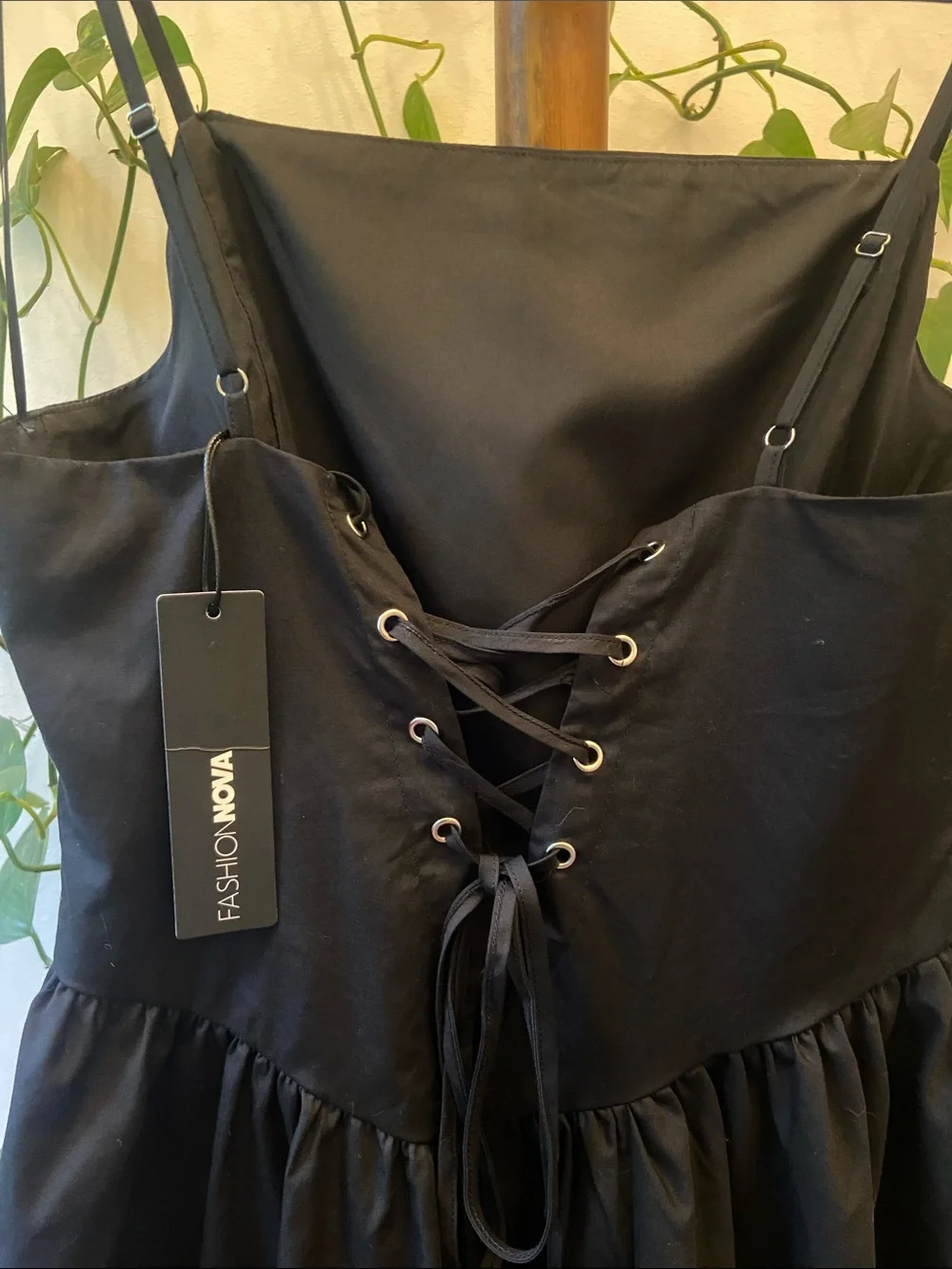 Edgy Black Poplin Mini Dress - Picture 4 of 11